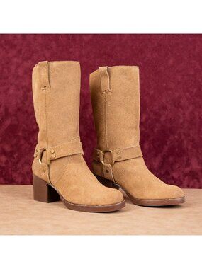 Frye Women Harness Moto Biker Almond Suede Festival Party Round Boots sz 11